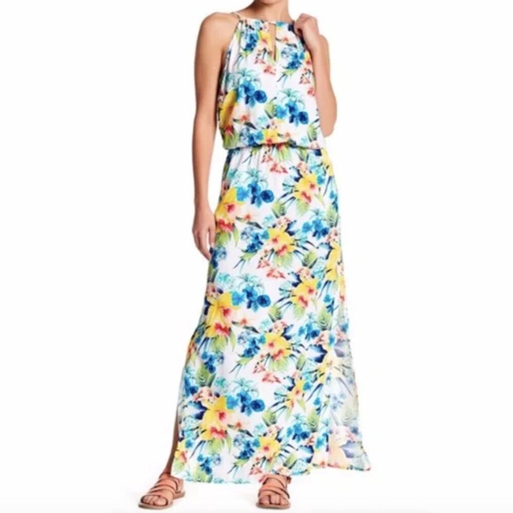 TOMMY BAHAMA White Green Tropical Floral Print Maxi Tank Tie Beachy Dress S